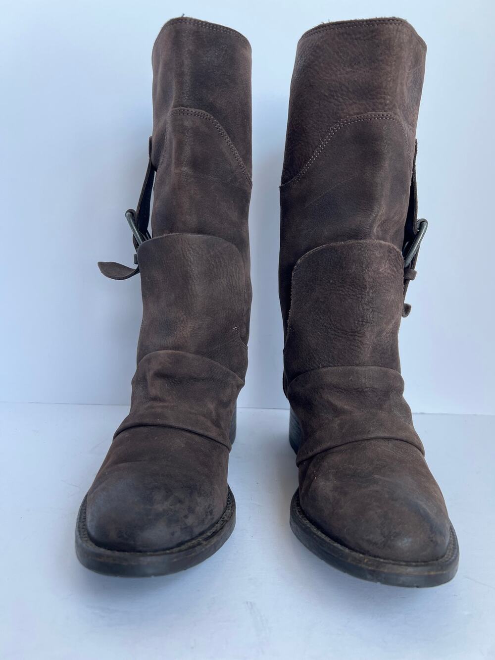 Vera Wang Lavender Brown Suede Slouchy Moto Mid Calf Buckle Boots Womens 8